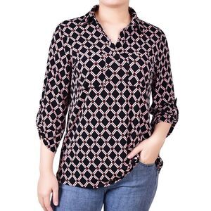 NY Collection 3/4 Roll Tab Sleeve Y Neck Top Black/Red Chain LP NWT IN PKG